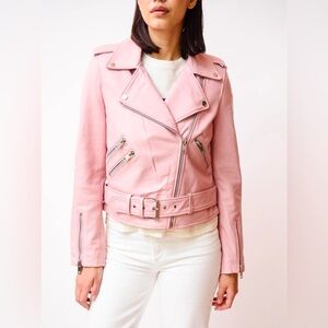 ZARA Pastel Pink Leather Motorcycle Jacket with Asymmetrical Zipper